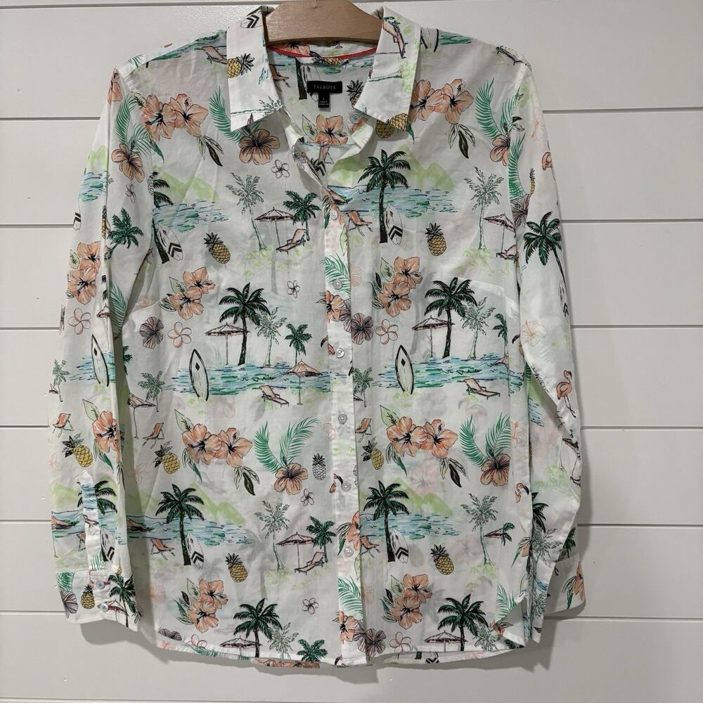 Talbots | Top Button Front Long Sleeve White Pineapple Flamingo Vacation- Large